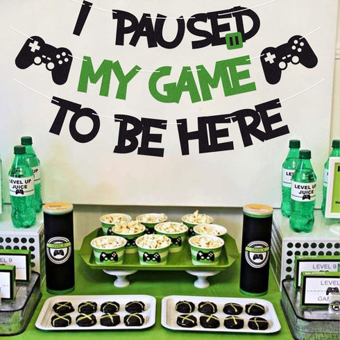 I Paused My Game To Be Here Banner, Glitter Gamer Theme Party Decoration Sign for Kids Video Game Birthday Parties