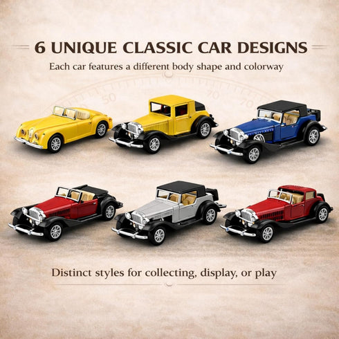 6 Pack Pullback (1:32 - Diecast Cars Antique Classic American Vehicles with Action and Openable Doors, Collectible