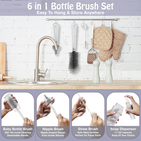 Brush,6 1 Baby Bottle in Bottle Cleaner Brush Kit with Extendable Silicone Bottle Brush, Drying Rack, Nipple Brush
