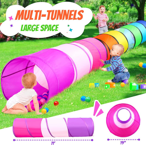 Kids Play Tunnel Tent - 2 Pack 6-ft Pop Up Crawl Tunnel Toy for Indoor & Outdoor Play, Rainbow & Pink Tunnels