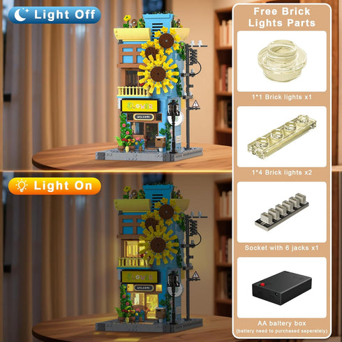 Set 3-Story 1580PCS Sunflower House Building with LED Light, Japanese Street View House Blocks, Creator Architecture