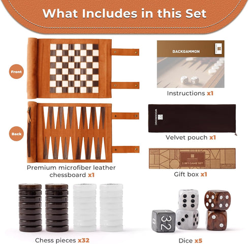 Woodronic 3 in 1 Travel Chess Set, Roll-up Leather Backgammon with 32 Premium Pearl Pieces, 5 Dices, Portable 13x10 Inch