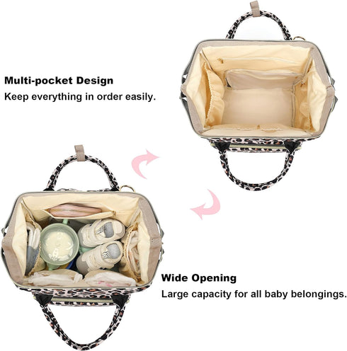 Xunteny Backpack Leopard Baby Diaper Bag for Girls Boys, Waterproof Large Maternity Nappy Bags for Mom
