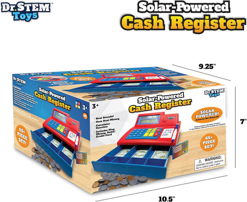 67-Piece Set Dr. STEM Toys Solar Powered Calculator Pretend Cash Register with Play Money for Learning Math Skills