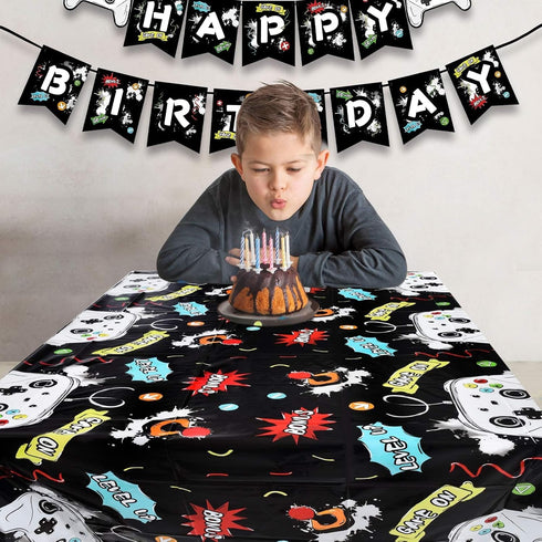 WERNNSAI 2 Pack Video Game Table Cloth, Gamer Birthday Decorations, Gaming Table Cover for Boys Kids, 54'' x 108''