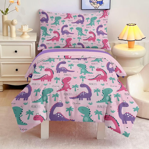 4 Set Sets Set Piece Toddler Dinosaur Bedding for Girls,Pink Dino Toddler Comforter Soft Bed Include Comforter,Fitted