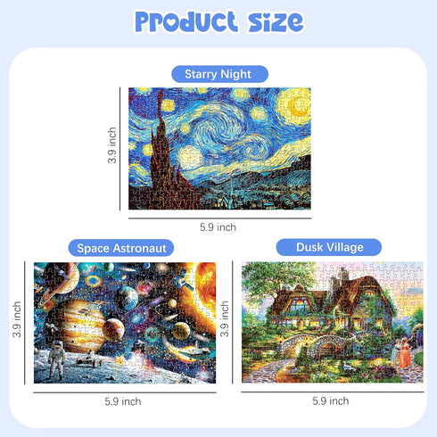 234-Piece Mini Puzzles for Adults & Kids, 3 Pack Small Puzzles, 6" x 4" Starry Night, Astronaut, Dusk Village, Theo