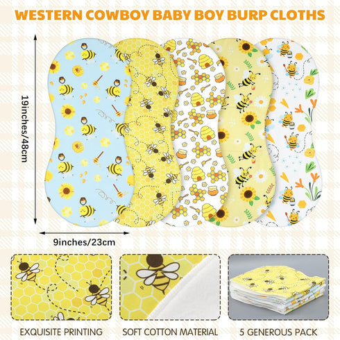 5 Pack 19"x9" Set SmoothNovelty Bee Pattern Baby Burp Cloths Soft Absorbent Burping Rags for Newborns Spit up Cloths
