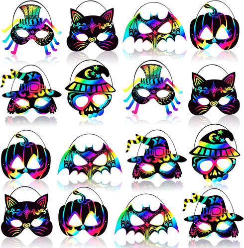 Max Fun 48PCS Halloween Rainbow Scratch Mask, Art Craft Kit for Kids Birthday, Classroom Decoration, Halloween Party