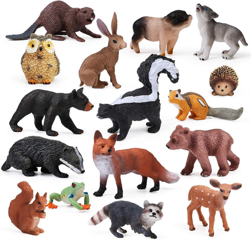 16PCS Forest Animals Baby Figures, Woodland Creatures Figurines, Miniature Toys Cake Toppers for Kids Birthday Gift