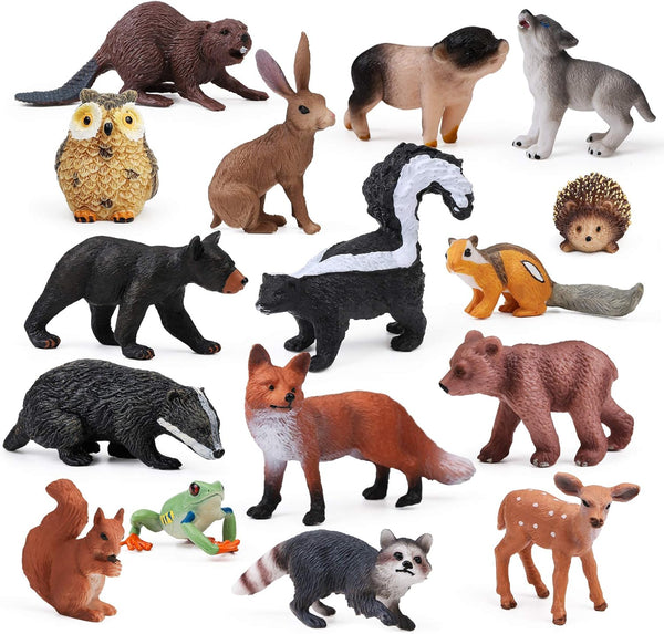 16PCS Forest Animals Baby Figures, Woodland Creatures Figurines, Miniature Toys Cake Toppers for Kids Birthday Gift