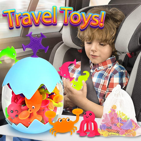 Suction Bath Toys for Kids, 18 Pcs Silicone Ocean Animal Suction Cup Toys with Eggshell & Bag for Toddlers