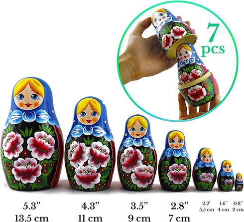 7 Nesting Babushka Dolls - Handmade Rose Hand-painted - Matruska Stacking Dolls - Munecas rusas - Home Decor