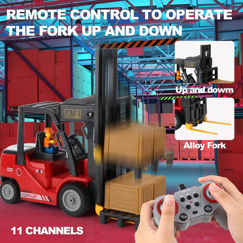 Set 11 6+ RC Forklift with Trailer, Kids Forklift Construction Toys with Lift Fork & Hook & Flatbed, Channel Kids