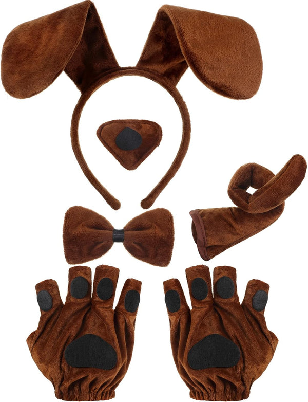Syhood Puppy Dog Costume Set with Ears Headband, Bowtie, Nose, Tail, and Paw Gloves for Halloween Carnival