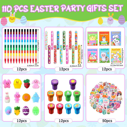 110 Set Seajan Pcs Easter Party Favors Gift Easter Bunny Coloring Book Bulk Crayon Bracelet Stress Ball Sticker
