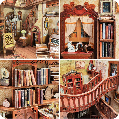 DIY Book Nook Kit by Spilay, Dollhouse Bookshelf Insert Decor Alley, Handmade Crafts Gifts with LED
