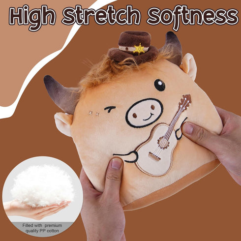 8 Inch Country Highland Cow Stuffed Animal, Cute Cow Plush Toy with Guitar and Cowboy Hat, Soft Kawaii Plushie Pillow