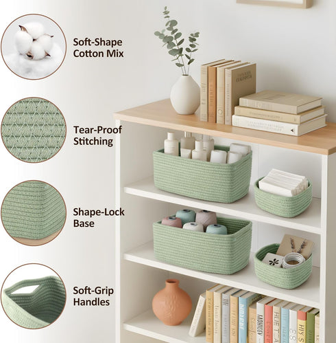VIRETH HAUS 5-Pack 2 Closet, Small Woven Rope Storage Baskets Sizes Organizer Bins for Shelf, Bookshelf, Nursery