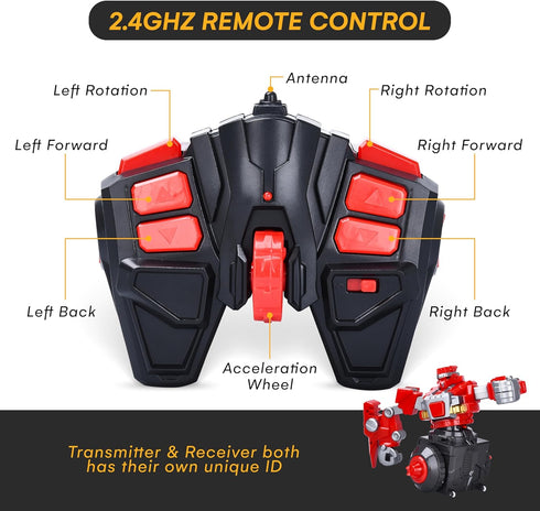 2-Pack 360 Playset Top Race Remote Control Fighting Toy Red & Blue RC Robots with Lights, Sounds & Rotation Interactive