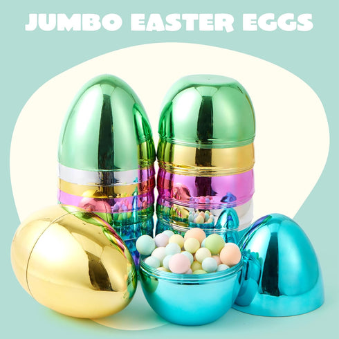 6 6 Inches JOYIN Pcs Large Metallic Easter Eggs, Colorful Jumbo Plastic Eggs Fillable for Easter Themed Hunt Basket