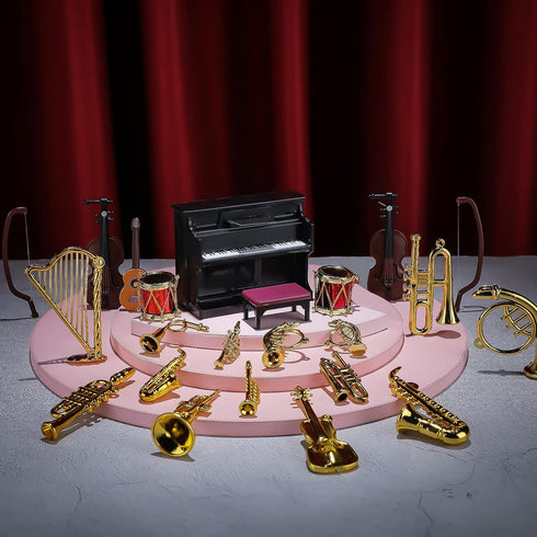 24 Pieces Dollhouse Miniature Musical Instruments Set, Violin, Piano, Trumpet, Saxophone, Electric Guitar (Black Piano)