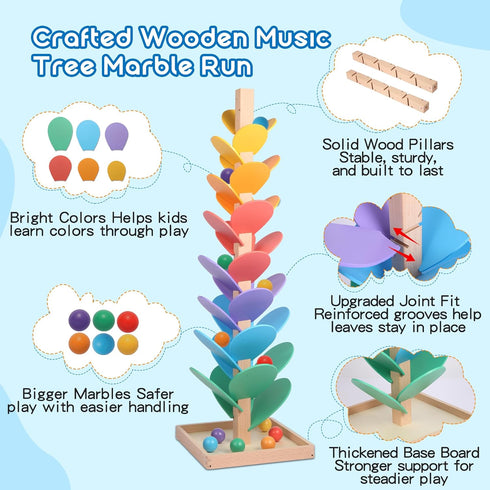 12 3cm Wooden Marble Run Music Tree, Tumble Leaf Montessori Rainbow Singing Tree with Sound, Includes Extra-Large