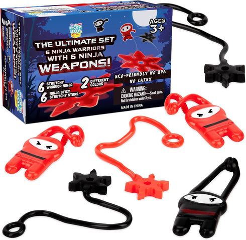 PICK A TOY 12 Pc. Ninja Toys Set - Stretchy Flying Ninjas & Colorful Throwing Stars Slingshots, Fun Birthday Party