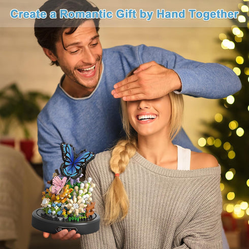 530 PCS Flower Bouquet Butterfly Building Set, Bonsai Tree Micro Bricks Kit with Dust Cover, Gift for Adults