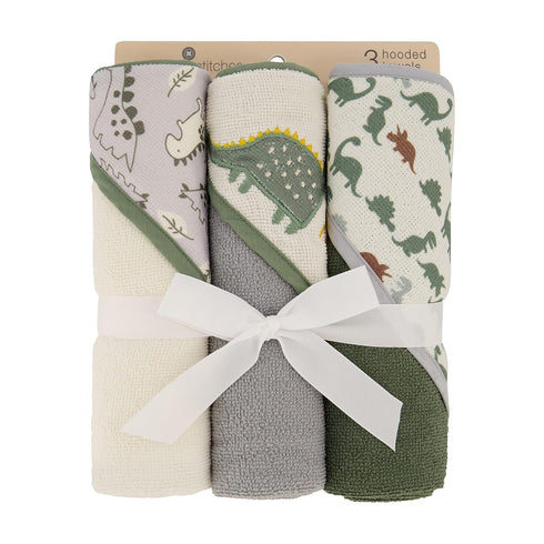 3 Pack (GS71721) Cudlie Buttons & Stitches Baby Boy Rolled/Carded Hooded Towels in Dino Roar Print