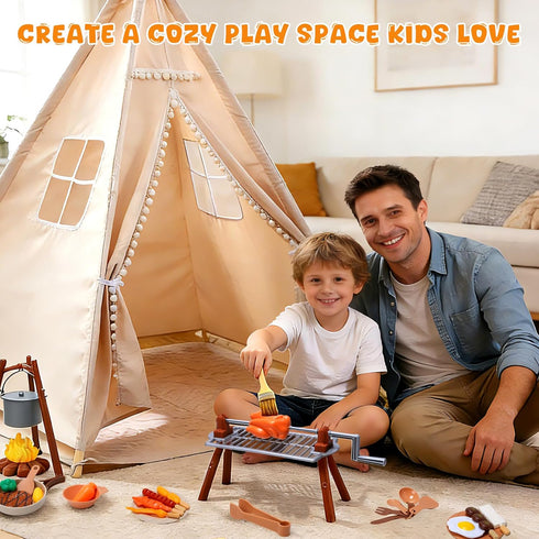 60 38 Teepee Tent for Kids with BBQ Pretend Play Toys, Spacious Kids Play Tent Indoor & Outdoor, Foldable Playhouse