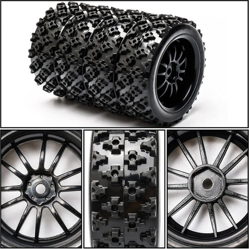 JIUWU 4pcs RC 1:10 Rubber Tires - Car Crossing Wheels Rims Hex 12MM, Black