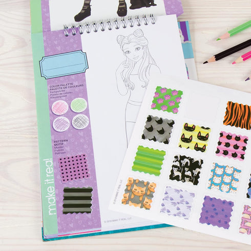 Make It Real Fashion Design Sketchbook for Girls, Kitty Cat-Themed Design Kit with Stencils, Stickers
