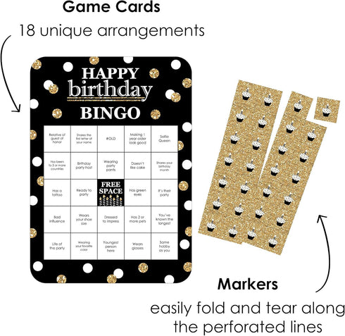 Big Dot of Happiness Adult Happy Birthday - Gold - Find The Guest Bingo Cards and Markers - Birthday Party Bingo Game - Happy Birthday Bingo - Set of 18