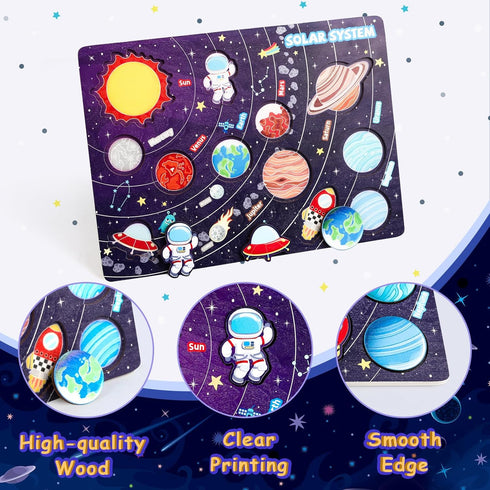 Gserin Wooden Solar System Puzzle for Kids, Montessori Toys Movable Planets Board Game for Toddlers, Outer Space Themed