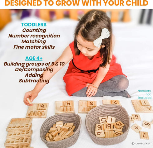 LITTLE BUD KIDS Counting Pegs - A Wooden Montessori Math Toy with Ten Frame Math Game, Addition and Subtraction Flash