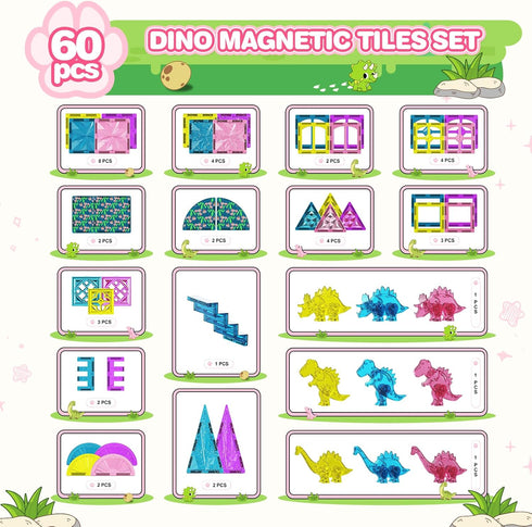 60PCS 3-5 4-8, 3+ Dinosaur Toys Magnetic Tiles for Girls, Magnet Building Blocks Sensory Toy for Girls Boys Ages STEM