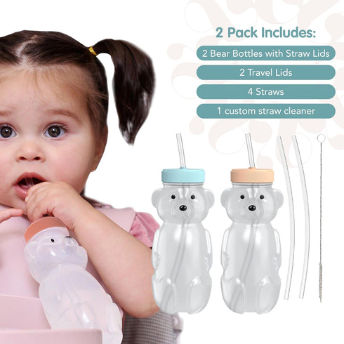 730 2-Pack Set, 8 oz, The Project Honey Bear Straw Cup for Babies, Honey Bear Bottle with Travel Lid, Therapy Learning