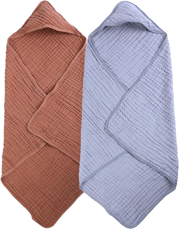 Cottonsong Newborn Hooded Towels 2-Pack, 100% Cotton Plain Weave Muslin Baby Bath Towels,