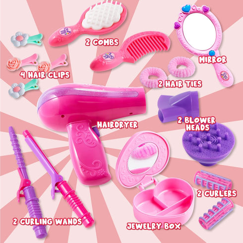 JOYIN 17Pcs Girls Beauty Salon Set, Pretend Play Doll Hair Stylist Toy Kit with Accessories