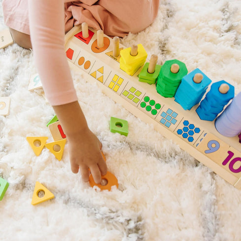 Melissa & Doug Counting Shape Stacker, Wooden Educational Toy with 55 Shapes and 10 Number Tiles for Kids