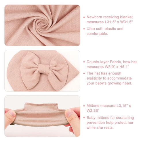 Set DRESHOW BQUBO Newborn Receiving Blanket Bow Hat Gloves Cotton Warm Baby Swaddle Blanket Wrap Baby Sleep Sack Shower