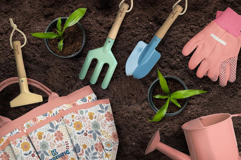 Set, Gardening Tool Kit, for Kids, STEM, Includes Tote Bag, Spade, Watering Can, Rake, Fork, Trowel and Gloves (Petal)
