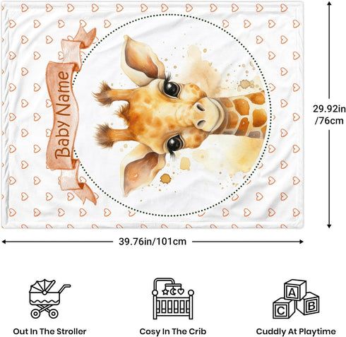 Novusopt Custom Giraffe Baby Blanket with Name Soft Plush Fleece Receiving Blanket for Boys and Girls, Unisex Orange