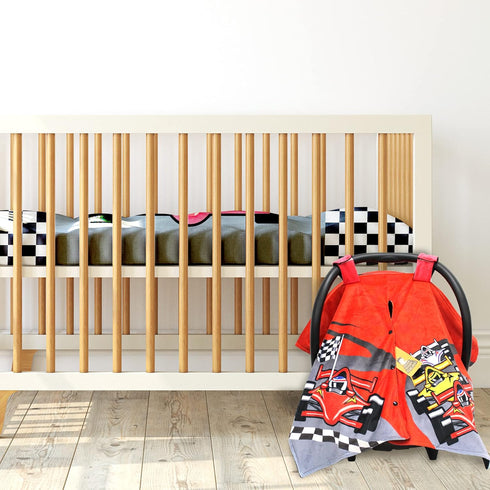 Dear Baby Gear Car Seat Canopy, Premium Infant Car Seat Cover, Race Car Print/Black Smooth, 40" x 30"