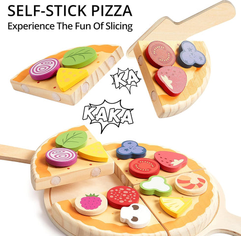 Set, 28 Playset 3+ PairPear Wooden Pizza Cutting Play Food Piece Pretend Play Pizza Toy Kitchen Montessori Kitchen
