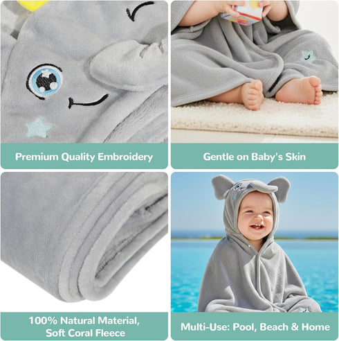 (0-5 HECCEI Toddler Hooded Bath Towel Large Plush Baby Bath Wrap Adorable Grey Elephant Design Ultra Soft Absorbent