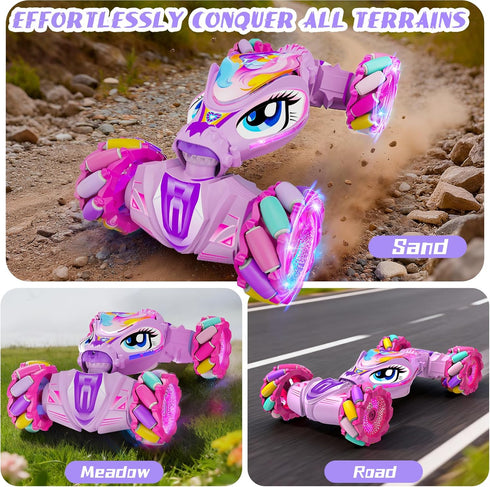 ZHYLLO 6-8-12, 2.4Ghz 4WD 6 7 8 9 10 11 12+ Unicorn Remote Control Car for Girls Age Pink RC Gesture Sensing Stunt