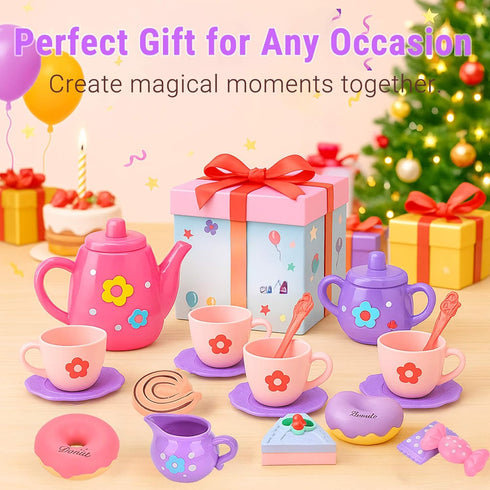 Set 3-5, 23-Piece Set Lajeje Toddler Tea Party for Girls Ages Pretend Play Tea for Kids with Teapot, Cups, Plates