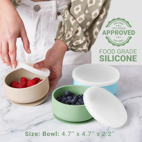 Silicone Baby Bowls with Suction - Toddler Bowls with Lids in Blue, Green, and Beige